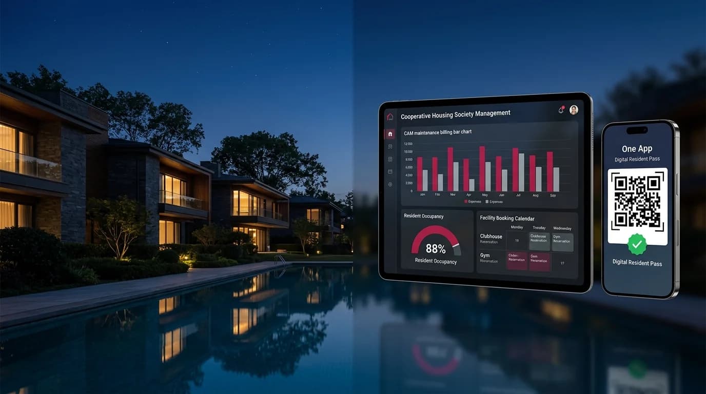 Housing societies and gated communities management platform with CAM billing, resident occupancy, and visitor gate pass mobile app